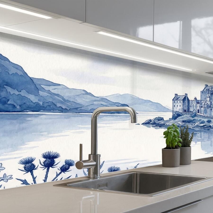 KitchenYeah Keuken achterwand 150x60 cm Spatscherm zelfklevend Schots Kasteel Blauw Aquarel Muurbeschermer Spatwand fornuis
