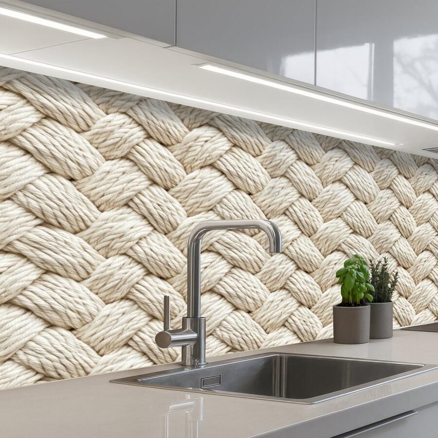 KitchenYeah Keuken achterwand 150x60 cm Spatscherm zelfklevend Touw Gebreid Beige Muurbeschermer Spatwand fornuis