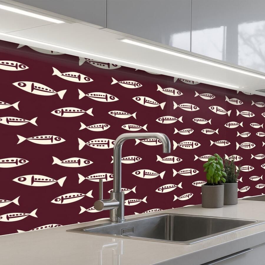 KitchenYeah Keuken achterwand 150x60 cm Spatscherm zelfklevend Vissen Grafisch Patroon Donker Muurbeschermer Spatwand fornuis