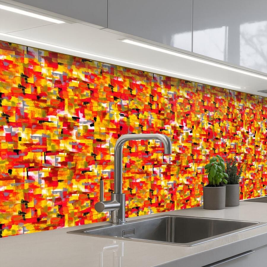 KitchenYeah Keuken achterwand 150x80 cm Spatscherm zelfklevend Abstract Verf Rood Muurbeschermer Spatwand fornuis