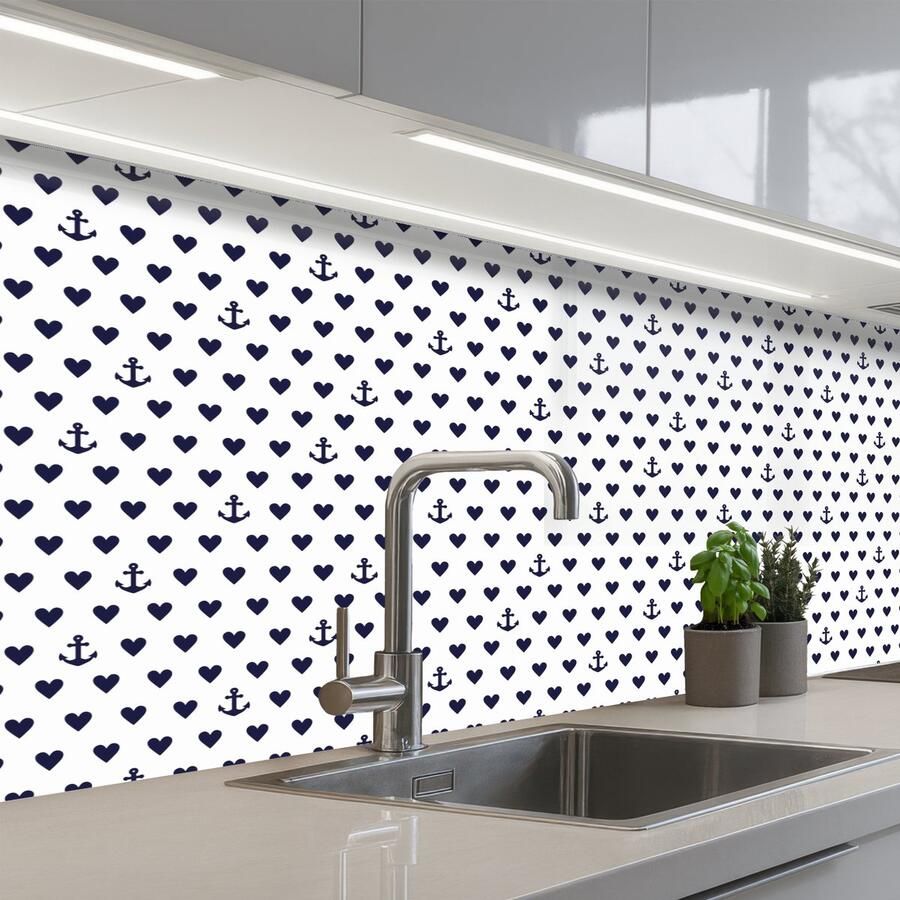 KitchenYeah Keuken achterwand 150x80 cm Spatscherm zelfklevend Anker Hart Blauw Wit Muurbeschermer Spatwand fornuis