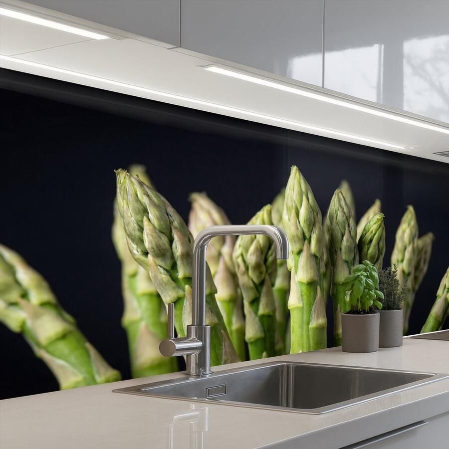 KitchenYeah Keuken achterwand 150x80 cm Spatscherm zelfklevend Asperges Groen Zwart Muurbeschermer Spatwand fornuis
