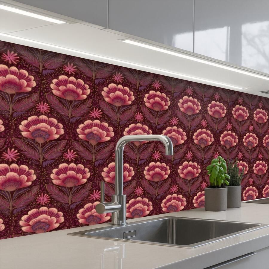 KitchenYeah Keuken achterwand 150x80 cm Spatscherm zelfklevend Bloemen Waaier Paars Muurbeschermer Spatwand fornuis