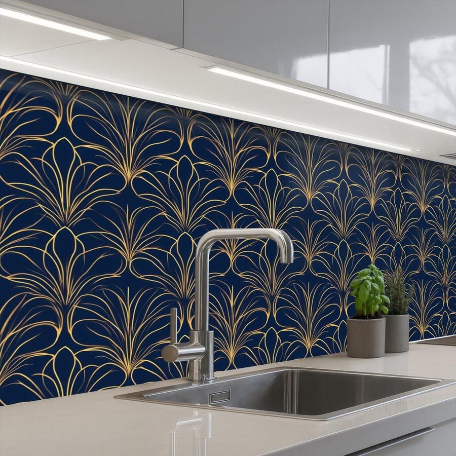 KitchenYeah Keuken achterwand 150x80 cm Spatscherm zelfklevend Deco Waaier Blauw Muurbeschermer Spatwand fornuis