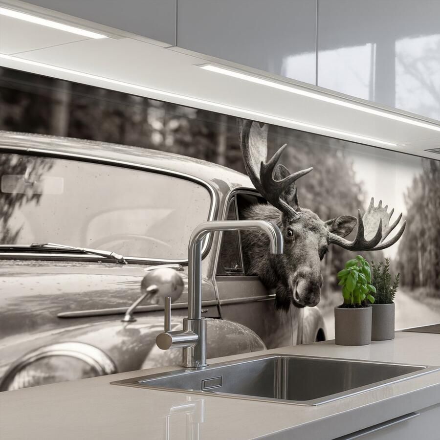 KitchenYeah Keuken achterwand 150x80 cm Spatscherm zelfklevend Eland Auto Gewei Zwart Wit Muurbeschermer Spatwand fornuis