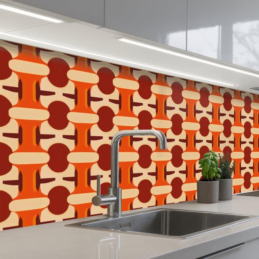 KitchenYeah Keuken achterwand 150x80 cm Spatscherm zelfklevend Geometrisch Retro Oranje Muurbeschermer Spatwand fornuis