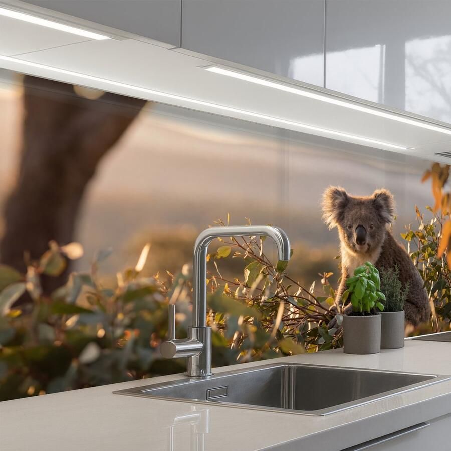 KitchenYeah Keuken achterwand 150x80 cm Spatscherm zelfklevend Koala Bladeren Ochtendlicht Muurbeschermer Spatwand fornuis