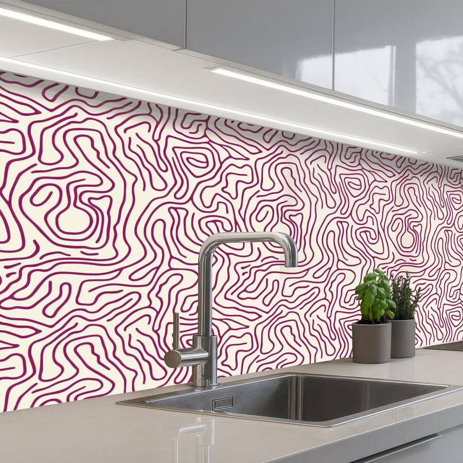 KitchenYeah Keuken achterwand 150x80 cm Spatscherm zelfklevend Kronkelende lijn Magenta Crème Muurbeschermer Spatwand fornuis