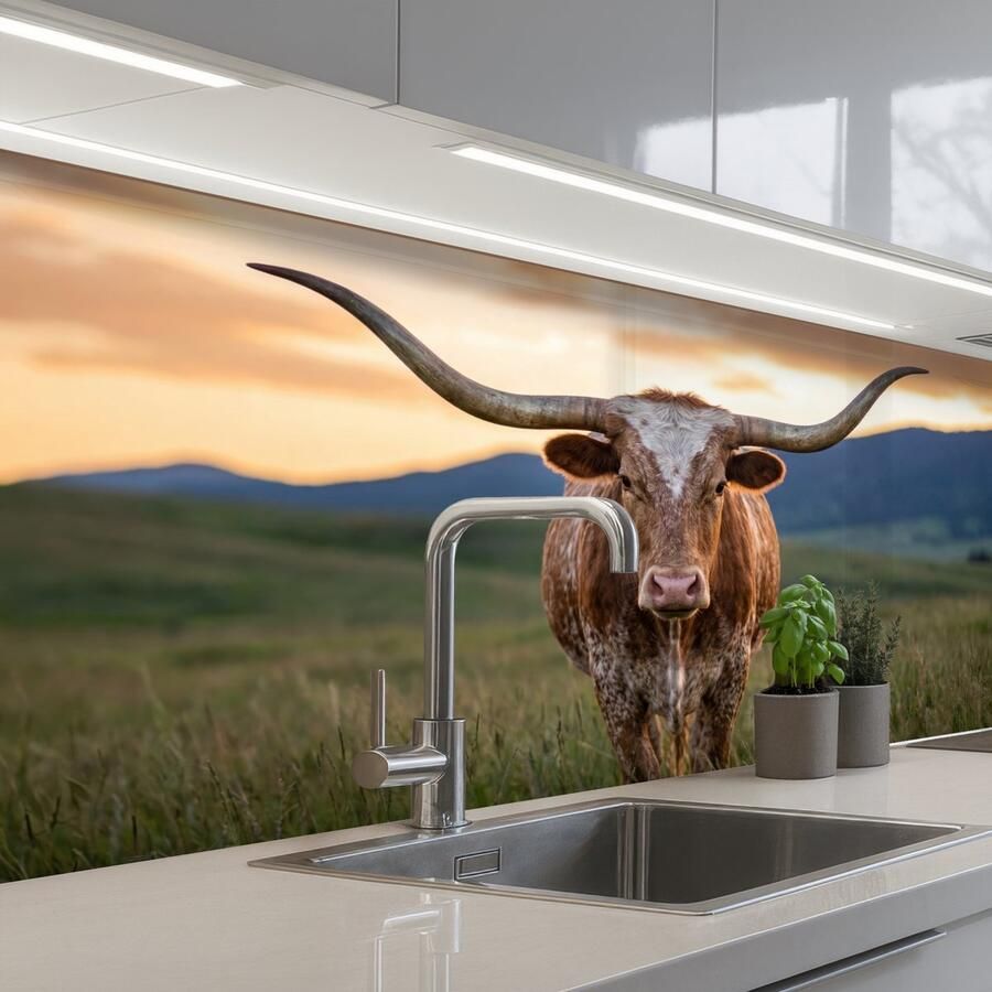 KitchenYeah Keuken achterwand 150x80 cm Spatscherm zelfklevend Longhorn Landschap Zonsondergang Muurbeschermer Spatwand fornuis