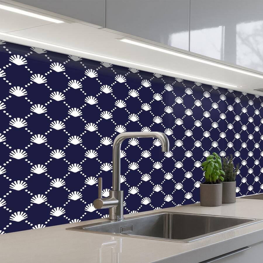 KitchenYeah Keuken achterwand 150x80 cm Spatscherm zelfklevend Oceaan Schelp Blauw Wit Muurbeschermer Spatwand fornuis