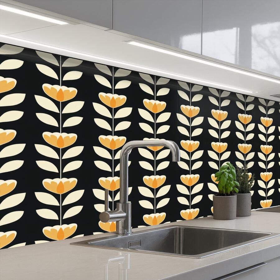 KitchenYeah Keuken achterwand 150x80 cm Spatscherm zelfklevend Retro Bloem Zwart Okergeel Muurbeschermer Spatwand fornuis