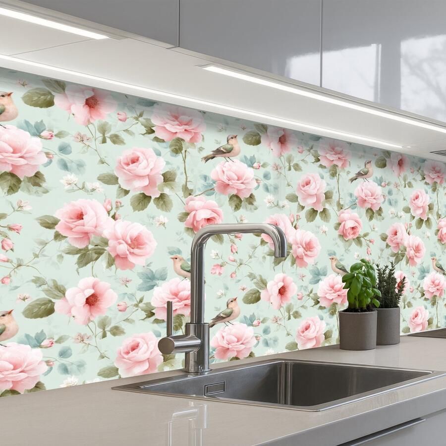 KitchenYeah Keuken achterwand 150x80 cm Spatscherm zelfklevend Rozen Vogels Pastel Kleurrijk Muurbeschermer Spatwand fornuis