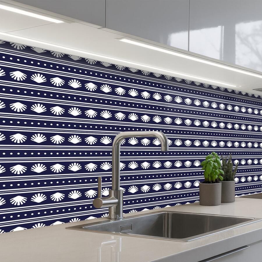 KitchenYeah Keuken achterwand 150x80 cm Spatscherm zelfklevend Schelp Nautisch Blauw Wit Muurbeschermer Spatwand fornuis