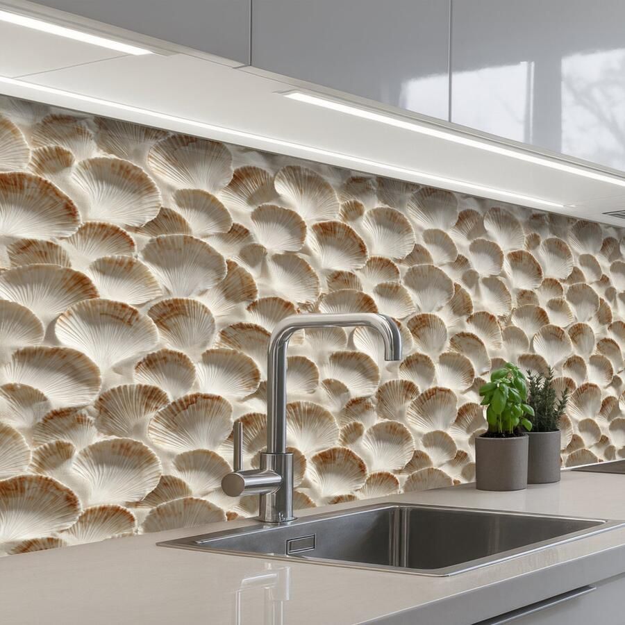 KitchenYeah Keuken achterwand 150x80 cm Spatscherm zelfklevend Schelpen Waaiervorm Wit Muurbeschermer Spatwand fornuis