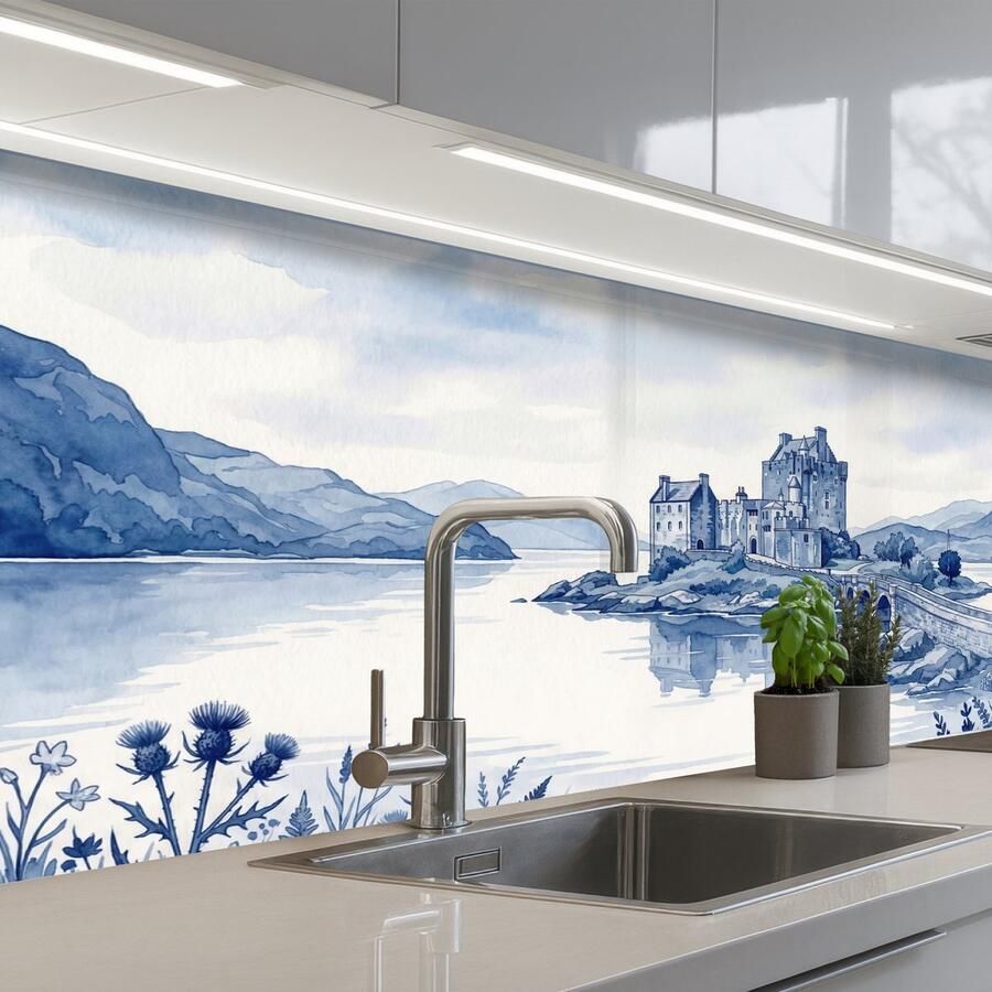KitchenYeah Keuken achterwand 150x80 cm Spatscherm zelfklevend Schots Kasteel Blauw Aquarel Muurbeschermer Spatwand fornuis