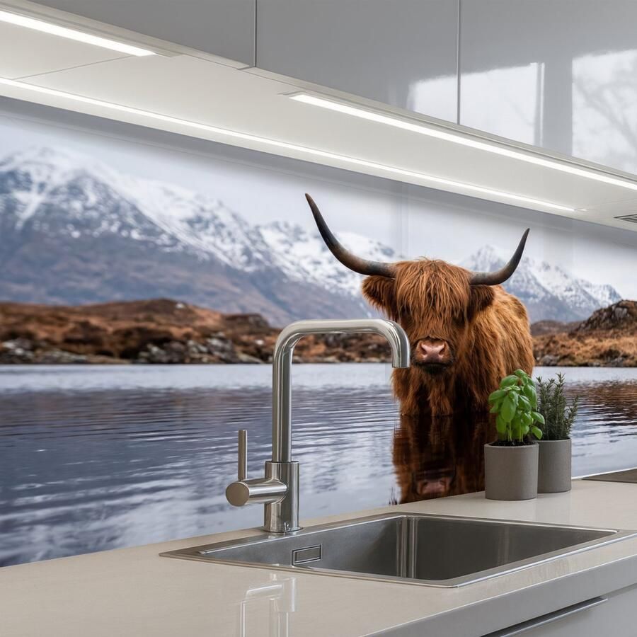 KitchenYeah Keuken achterwand 150x80 cm Spatscherm zelfklevend Schotse hooglander Bruin Water Muurbeschermer Spatwand fornuis