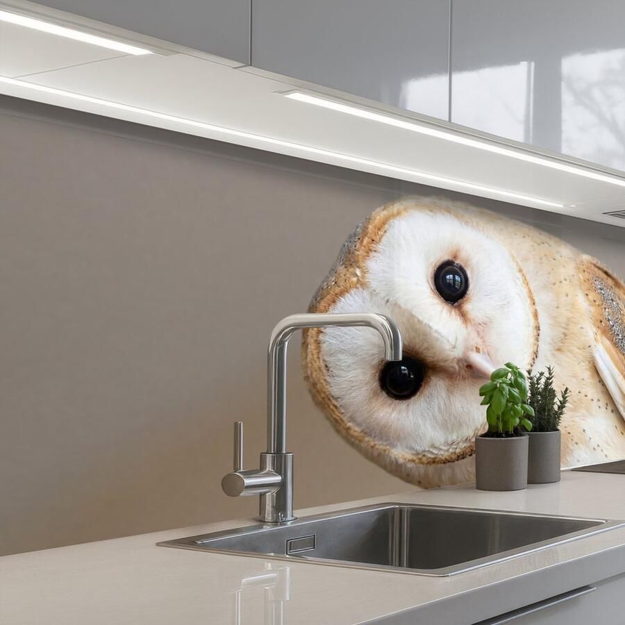 KitchenYeah Keuken achterwand 150x80 cm Spatscherm zelfklevend Uil Bruin Wit Muurbeschermer Spatwand fornuis