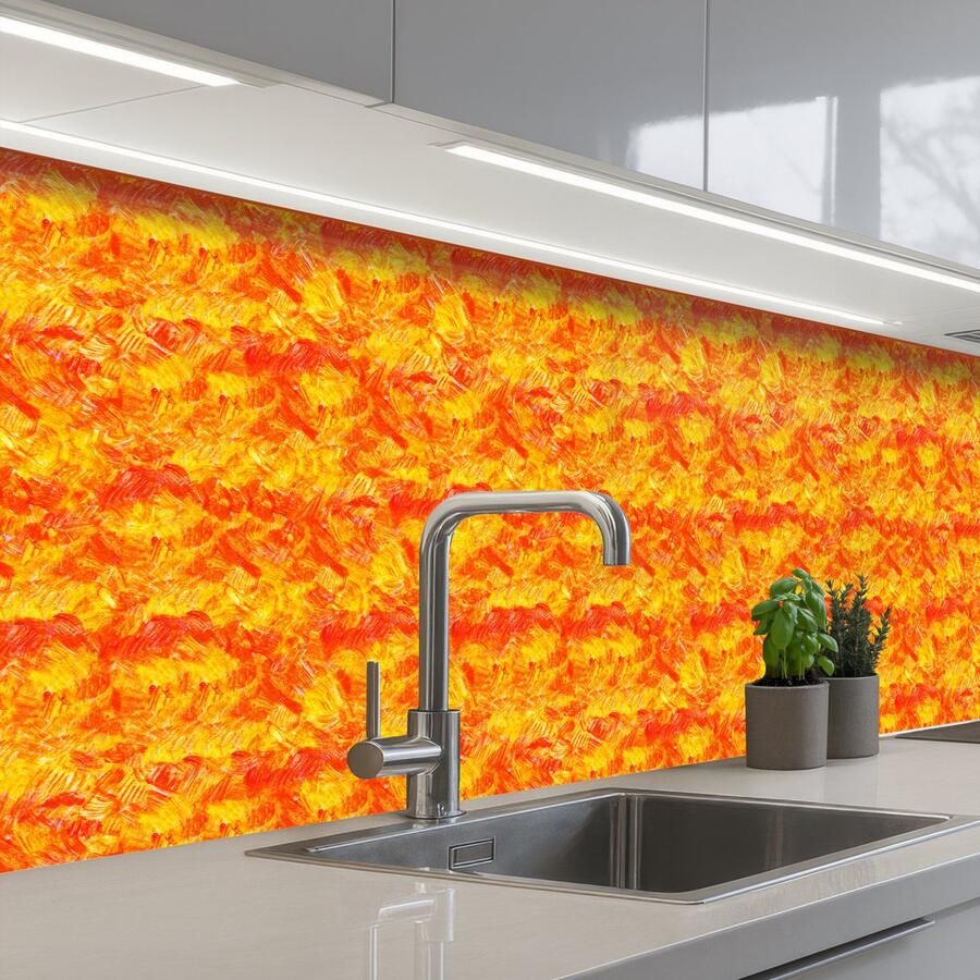 KitchenYeah Keuken achterwand 150x80 cm Spatscherm zelfklevend Verf Oranje Geel Muurbeschermer Spatwand fornuis