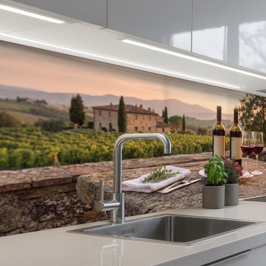 KitchenYeah Keuken achterwand 150x80 cm Spatscherm zelfklevend Wijn Glazen Druiven Wijngaard Muurbeschermer Spatwand fornuis