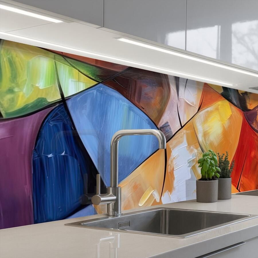 KitchenYeah Keuken achterwand 200x60 cm Spatscherm zelfklevend Abstract Kunst Schilderij Kleuren Muurbeschermer Spatwand fornuis