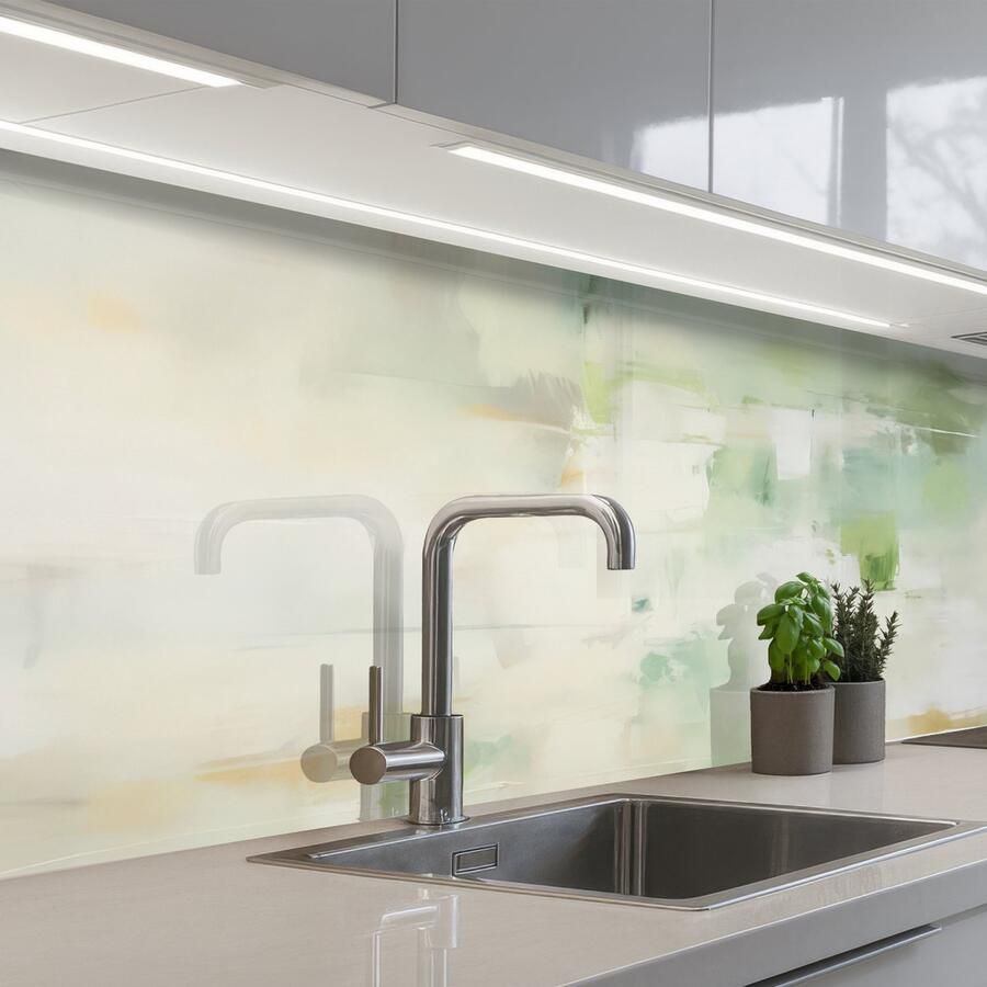KitchenYeah Keuken achterwand 200x60 cm Spatscherm zelfklevend Abstract Kunst Wit Groen Modern Muurbeschermer Spatwand fornuis