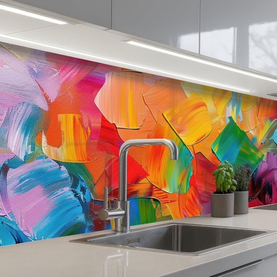 KitchenYeah Keuken achterwand 200x60 cm Spatscherm zelfklevend Abstract Verflook Modern Kleurrijk Muurbeschermer Spatwand fornuis