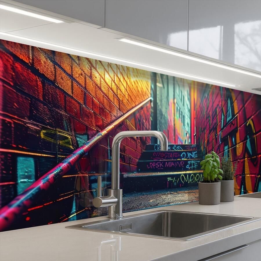 KitchenYeah Keuken achterwand 200x60 cm Spatscherm zelfklevend Architectuur Neon Trap Graffiti Muurbeschermer Spatwand fornuis