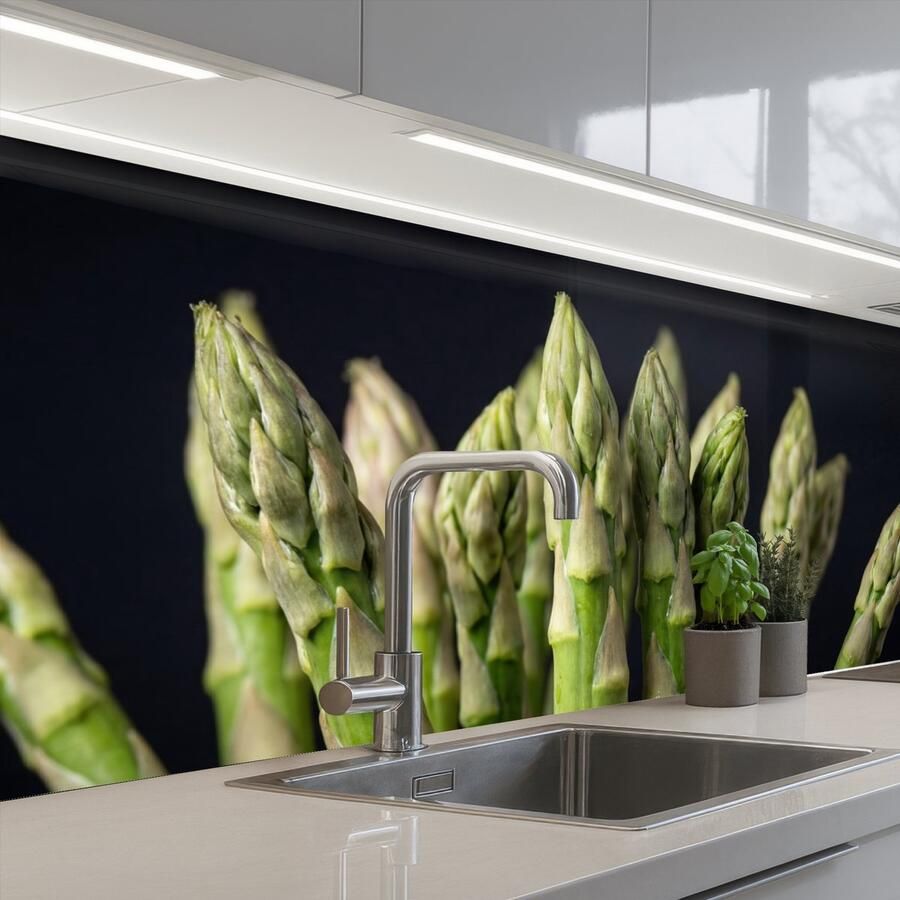 KitchenYeah Keuken achterwand 200x60 cm Spatscherm zelfklevend Asperges Groen Zwart Muurbeschermer Spatwand fornuis