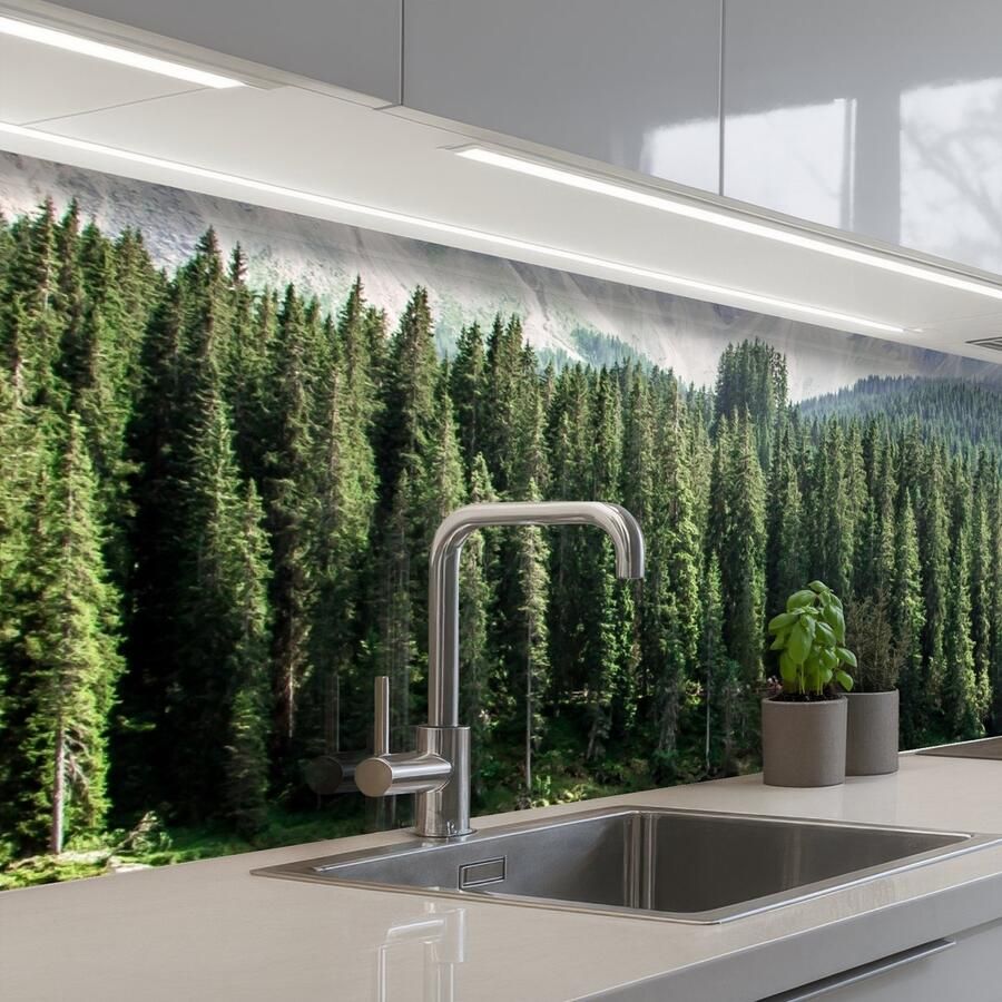 KitchenYeah Keuken achterwand 200x60 cm Spatscherm zelfklevend Berg Bomen Water Muurbeschermer Spatwand fornuis