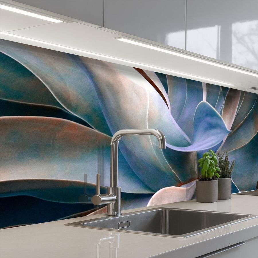 KitchenYeah Keuken achterwand 200x60 cm Spatscherm zelfklevend Bladeren Natuur Stilleven Blauw Muurbeschermer Spatwand fornuis