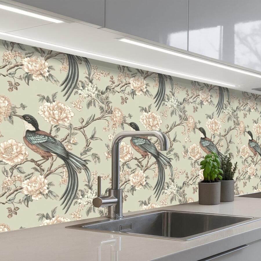 KitchenYeah Keuken achterwand 200x60 cm Spatscherm zelfklevend Bloem Vogel Kleurrijk Muurbeschermer Spatwand fornuis
