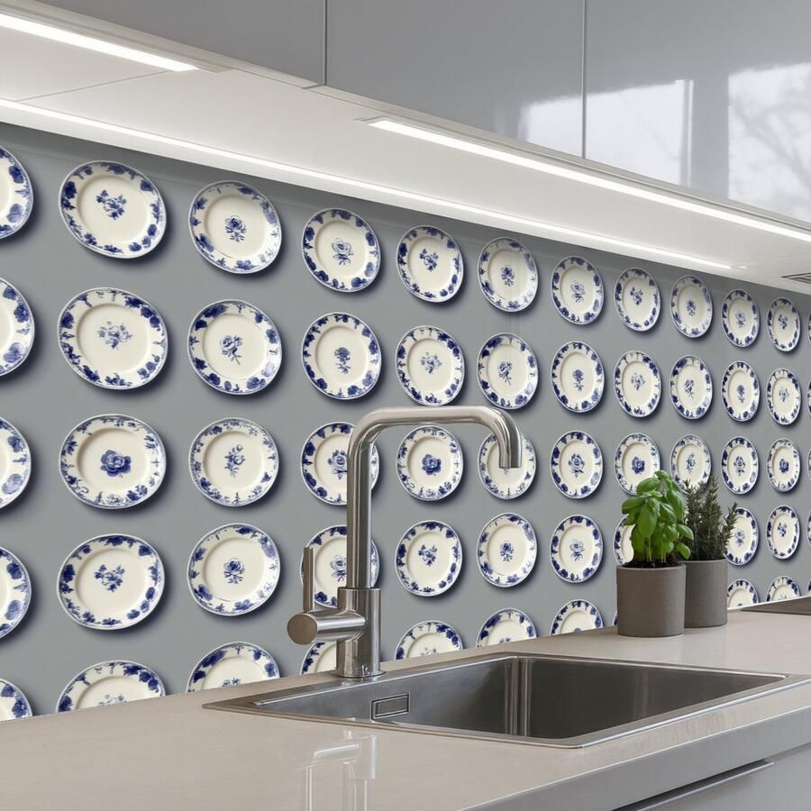 KitchenYeah Keuken achterwand 200x60 cm Spatscherm zelfklevend Borden Bloemen Blauw Wit Muurbeschermer Spatwand fornuis