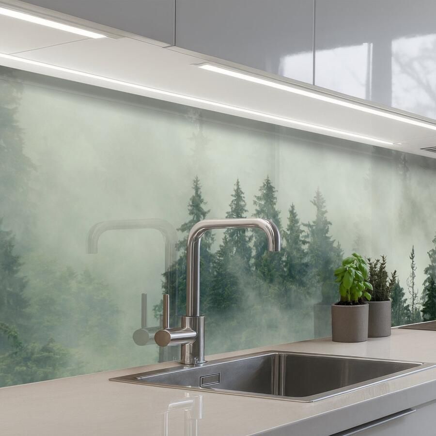 KitchenYeah Keuken achterwand 200x60 cm Spatscherm zelfklevend Bos Mist Bomen Natuur Muurbeschermer Spatwand fornuis