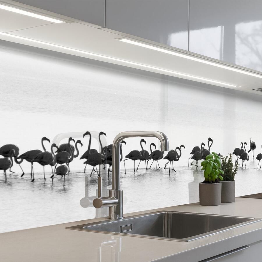 KitchenYeah Keuken achterwand 200x60 cm Spatscherm zelfklevend Flamingo's Water Natuur Zwart wit Muurbeschermer Spatwand fornuis