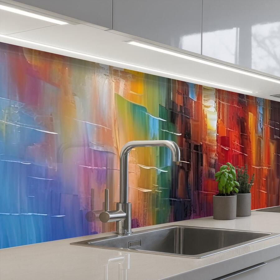 KitchenYeah Keuken achterwand 200x60 cm Spatscherm zelfklevend Grachtenpanden Kunst Schilderij Amsterdam Muurbeschermer Spatwand fornuis