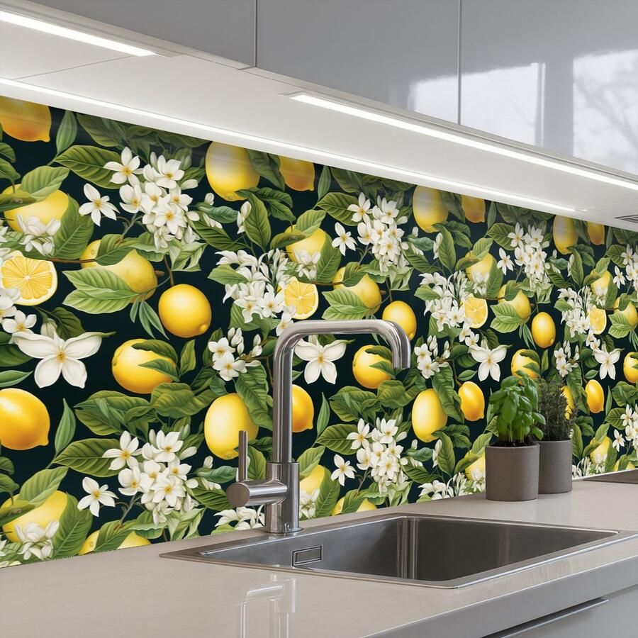 KitchenYeah Keuken achterwand 200x60 cm Spatscherm zelfklevend Hangende Citroenen Witte Bloemetjes Muurbeschermer Spatwand fornuis