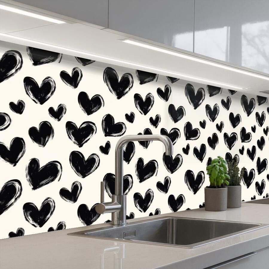 KitchenYeah Keuken achterwand 200x60 cm Spatscherm zelfklevend Hartjes Patroon Zwart Muurbeschermer Spatwand fornuis