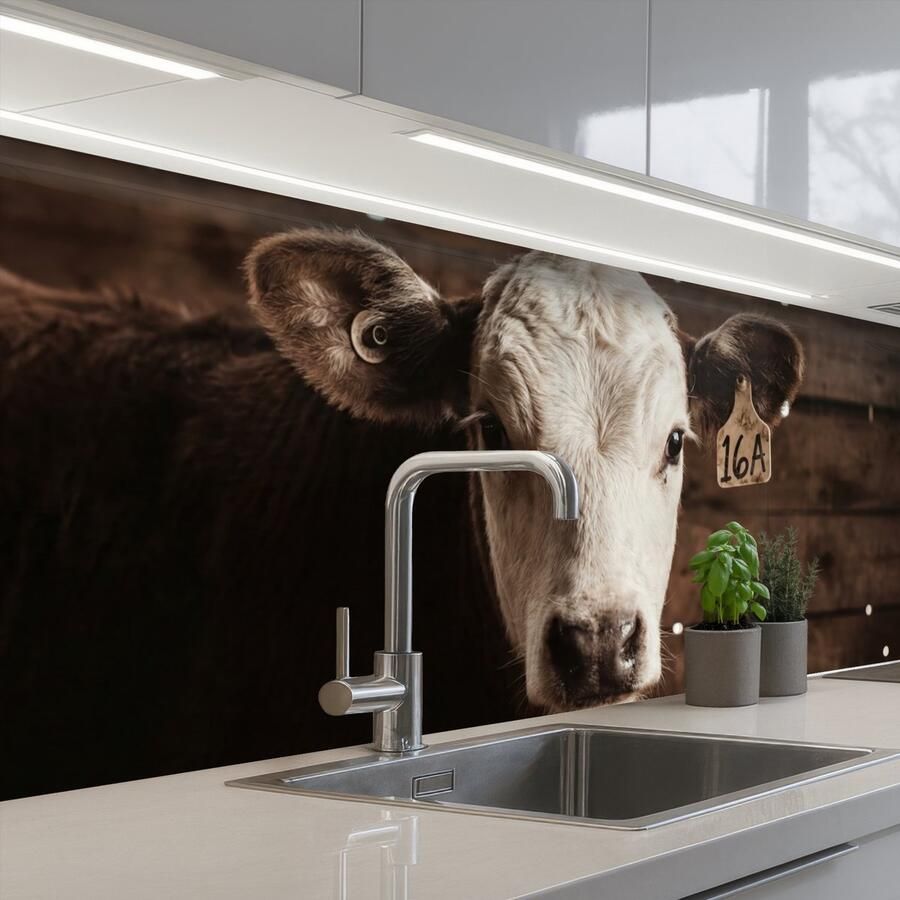 KitchenYeah Keuken achterwand 200x60 cm Spatscherm zelfklevend Kalf Oormerk Houten stal Muurbeschermer Spatwand fornuis