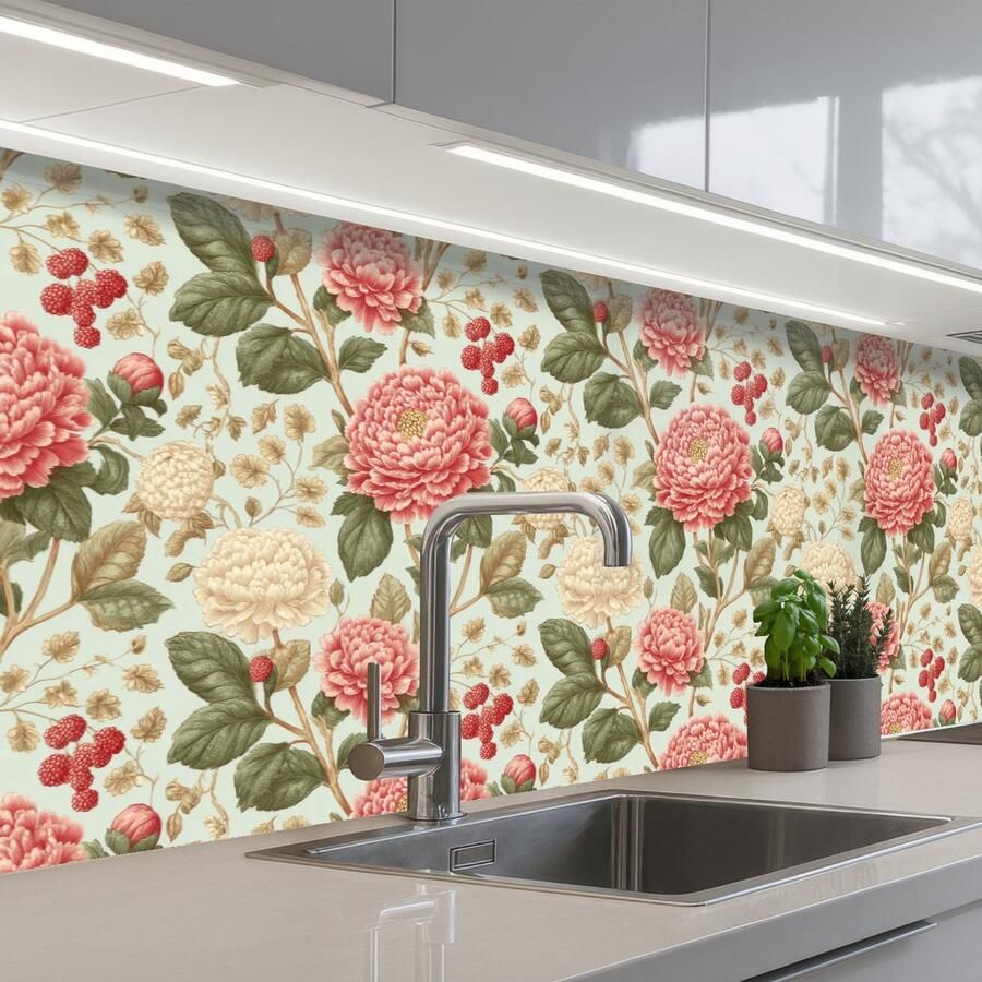 KitchenYeah Keuken achterwand 200x60 cm Spatscherm zelfklevend Klassiek Botanisch Veelkleurig Muurbeschermer Spatwand fornuis
