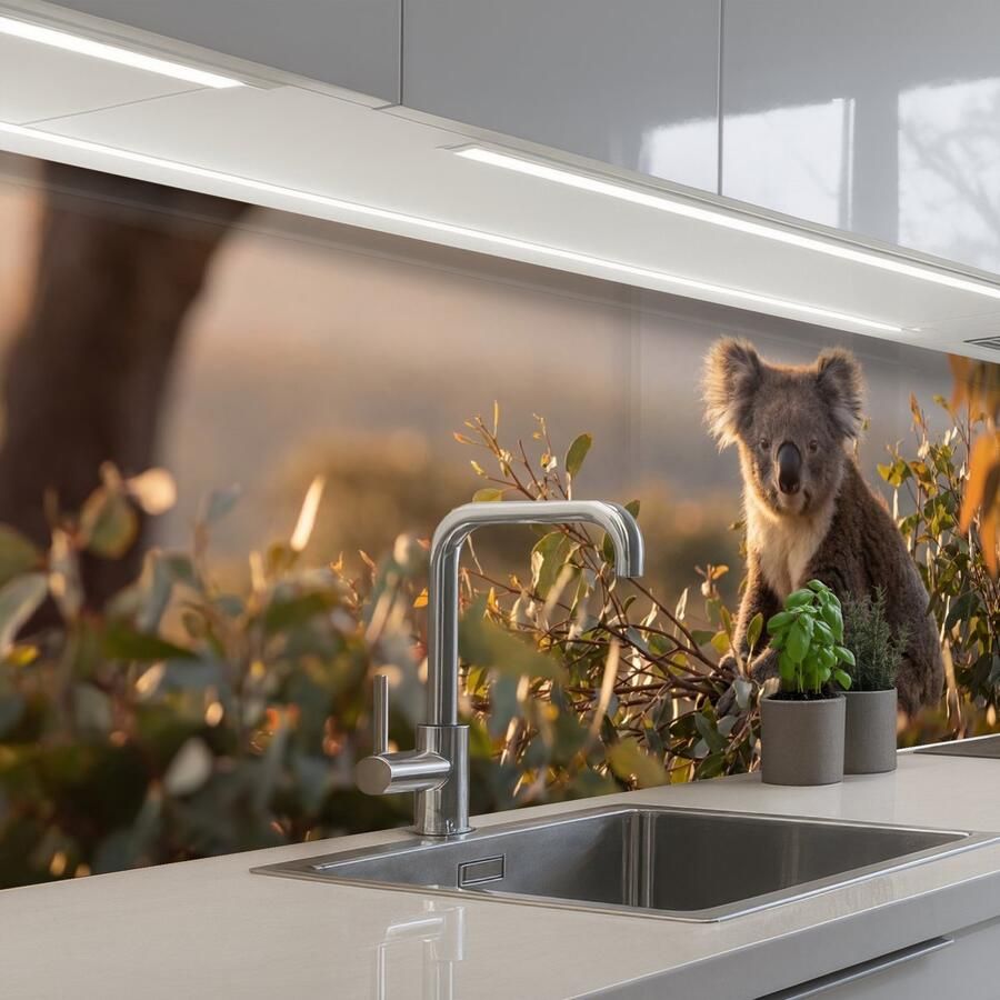 KitchenYeah Keuken achterwand 200x60 cm Spatscherm zelfklevend Koala Bladeren Ochtendlicht Muurbeschermer Spatwand fornuis