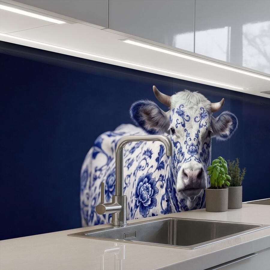 KitchenYeah Keuken achterwand 200x60 cm Spatscherm zelfklevend Koe Delfts Blauw Artistiek Muurbeschermer Spatwand fornuis