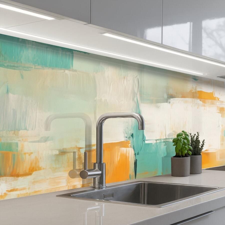 KitchenYeah Keuken achterwand 200x60 cm Spatscherm zelfklevend Kunst Abstract Blauw Wit Muurbeschermer Spatwand fornuis