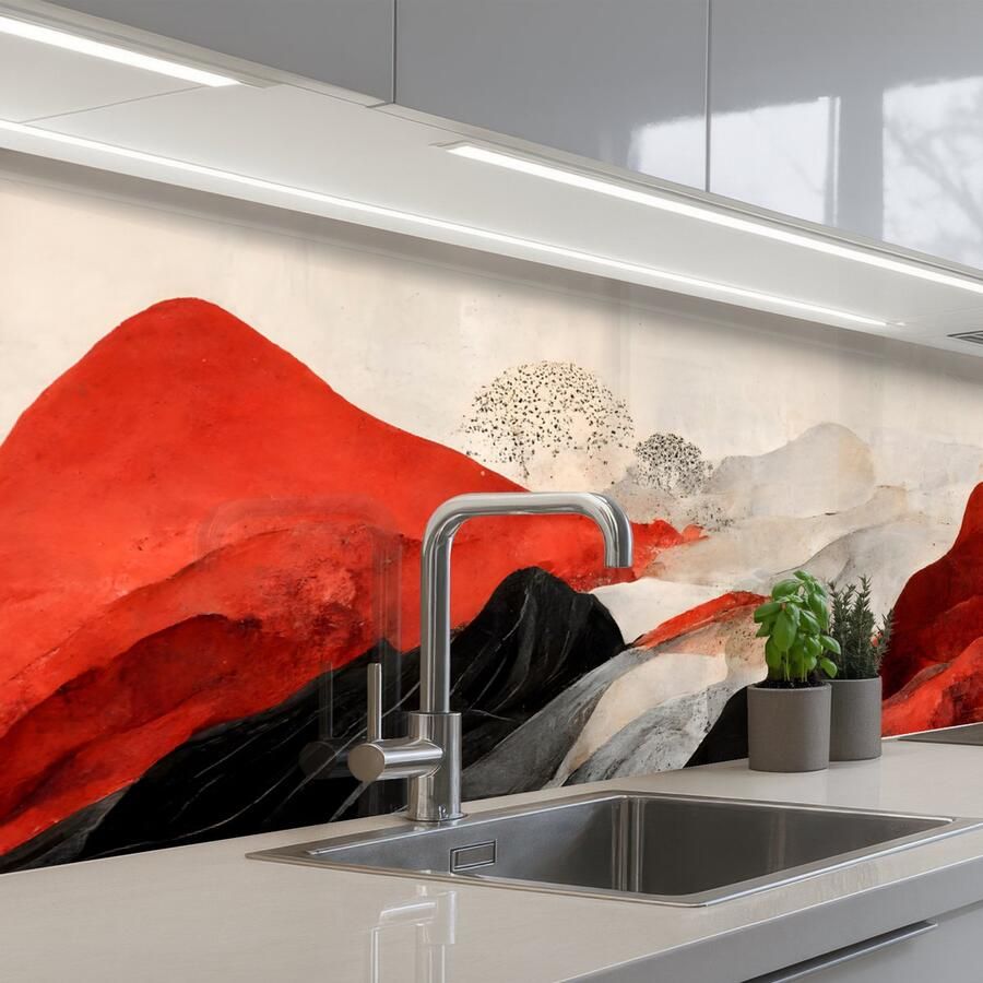 KitchenYeah Keuken achterwand 200x60 cm Spatscherm zelfklevend Kunst Bergen Rood Wit Zwart Muurbeschermer Spatwand fornuis