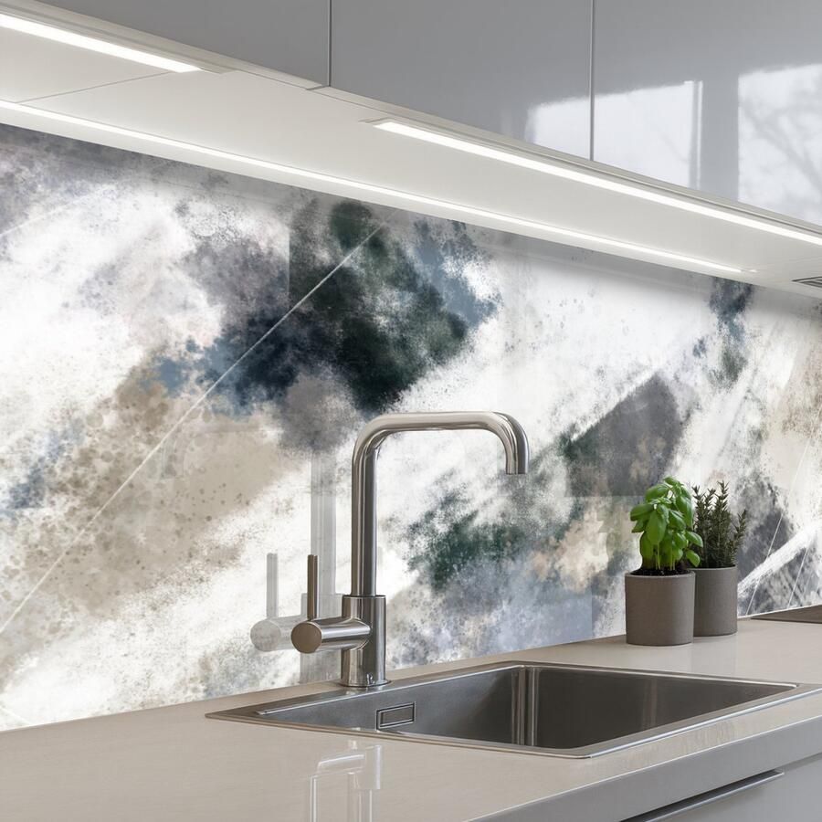 KitchenYeah Keuken achterwand 200x60 cm Spatscherm zelfklevend Kunst Patroon Grijs Wit Muurbeschermer Spatwand fornuis