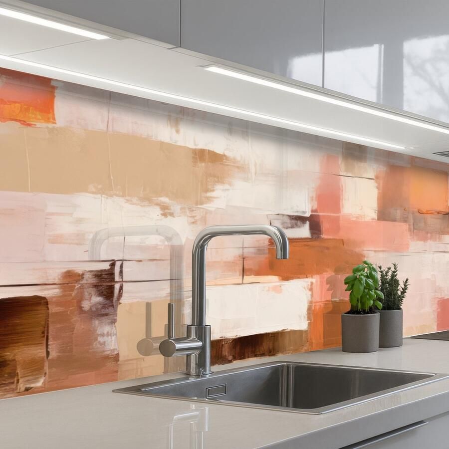 KitchenYeah Keuken achterwand 200x60 cm Spatscherm zelfklevend Kunst Roze Abstract Muurbeschermer Spatwand fornuis