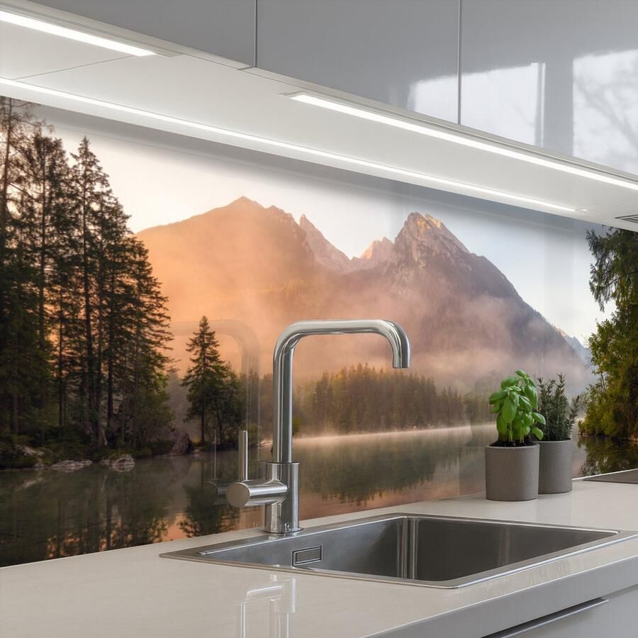 KitchenYeah Keuken achterwand 200x60 cm Spatscherm zelfklevend Landschap Mist Water Bomen Muurbeschermer Spatwand fornuis
