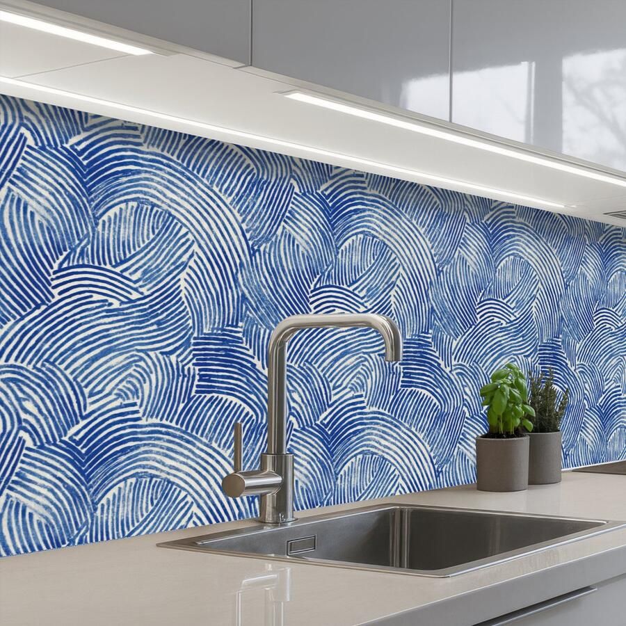 KitchenYeah Keuken achterwand 200x60 cm Spatscherm zelfklevend Modern Abstract Blauw Muurbeschermer Spatwand fornuis