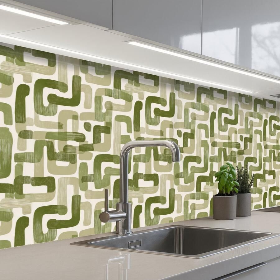 KitchenYeah Keuken achterwand 200x60 cm Spatscherm zelfklevend Modern Grafisch Groen Muurbeschermer Spatwand fornuis
