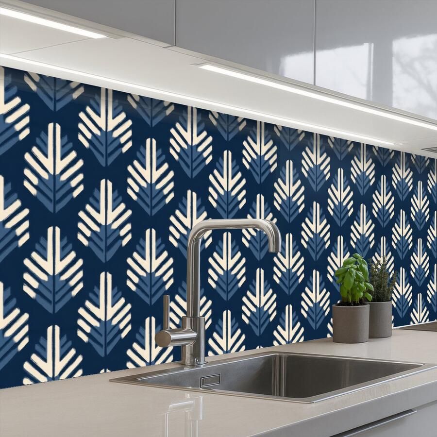 KitchenYeah Keuken achterwand 200x60 cm Spatscherm zelfklevend Modern Patroon Blauw Muurbeschermer Spatwand fornuis