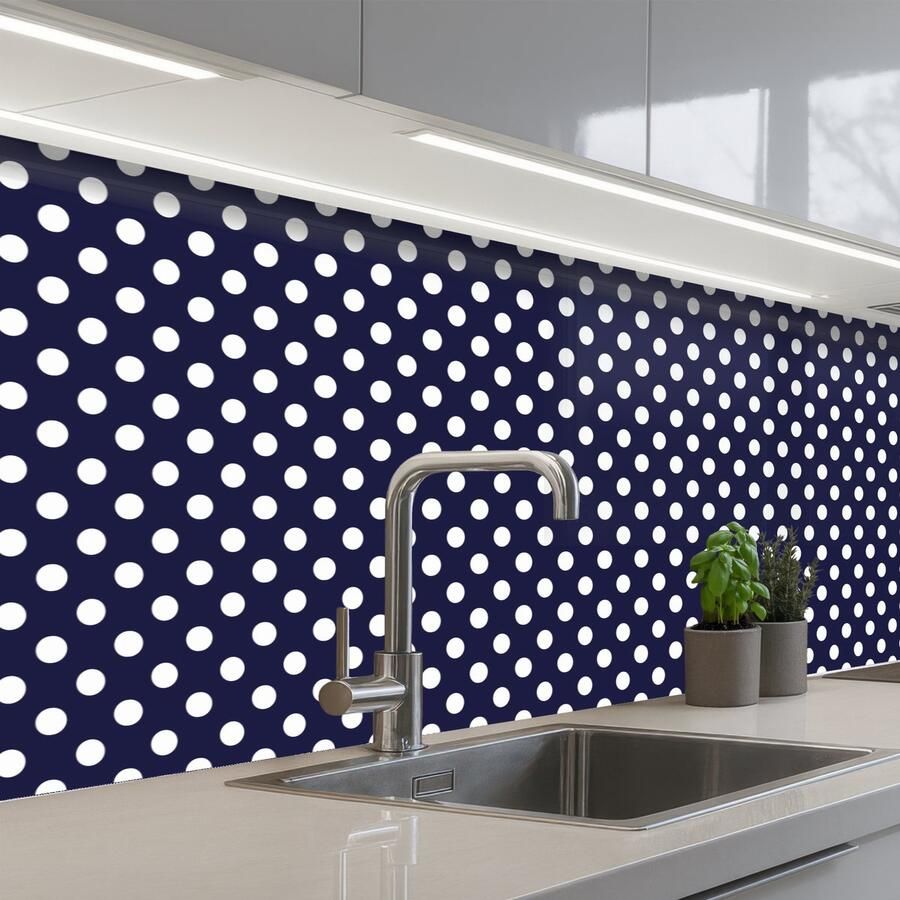 KitchenYeah Keuken achterwand 200x60 cm Spatscherm zelfklevend Oceaan Stippen Blauw Wit Muurbeschermer Spatwand fornuis